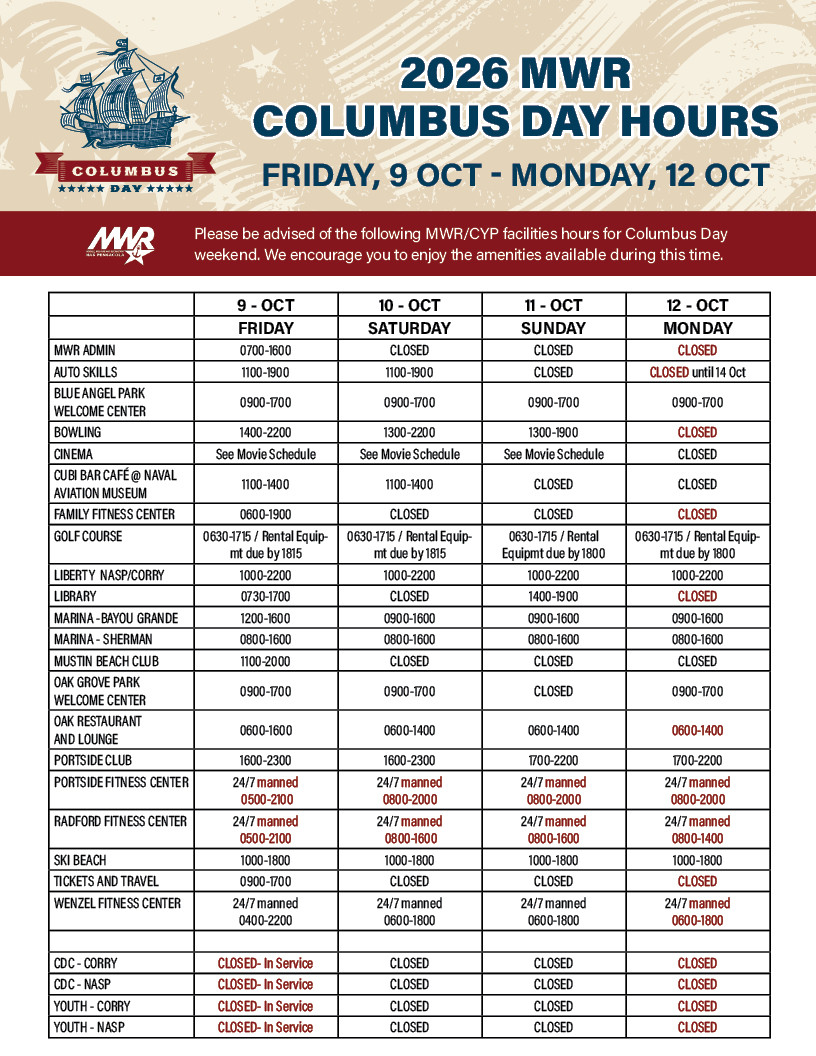 2026 Columbus Day Hours of Operation for MWR & CYP facilities.